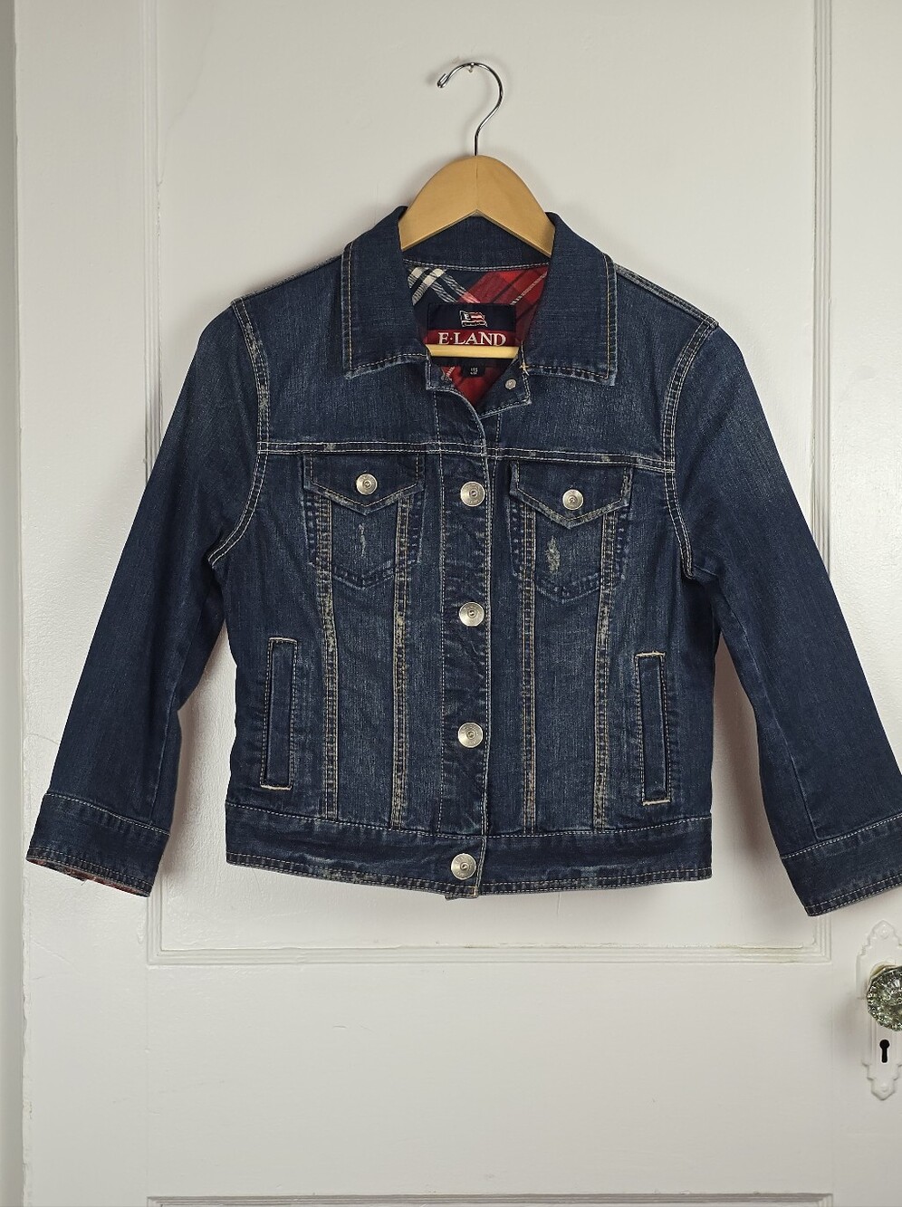 E-LAND American Classic Cropped Western Cowgirl Distressed Jean Jacket XS